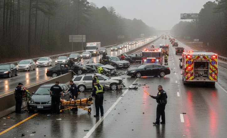 Emergency vehicles responding to multi-car accident on Alabama highway