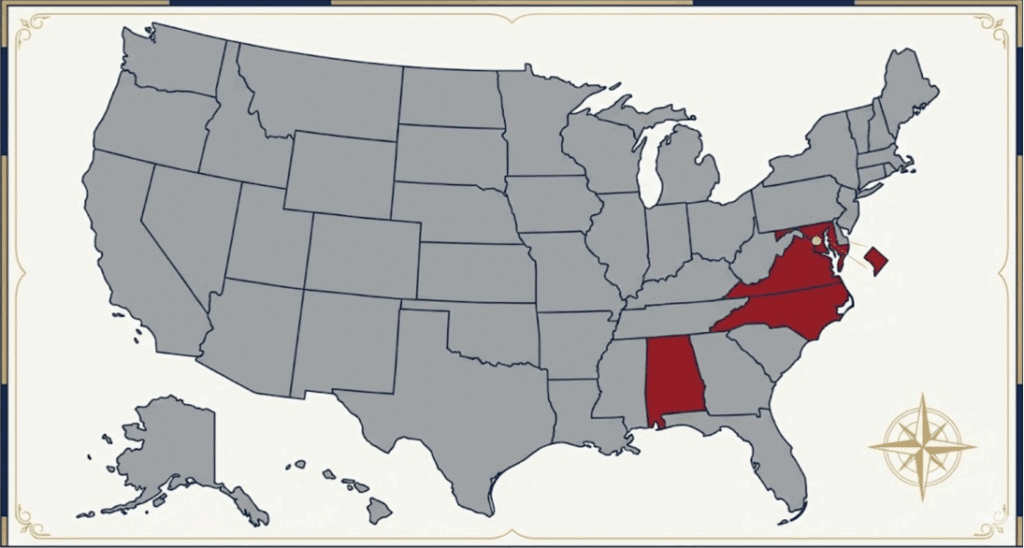 Map highlighting Alabama and four other contributory negligence states in the U.S.