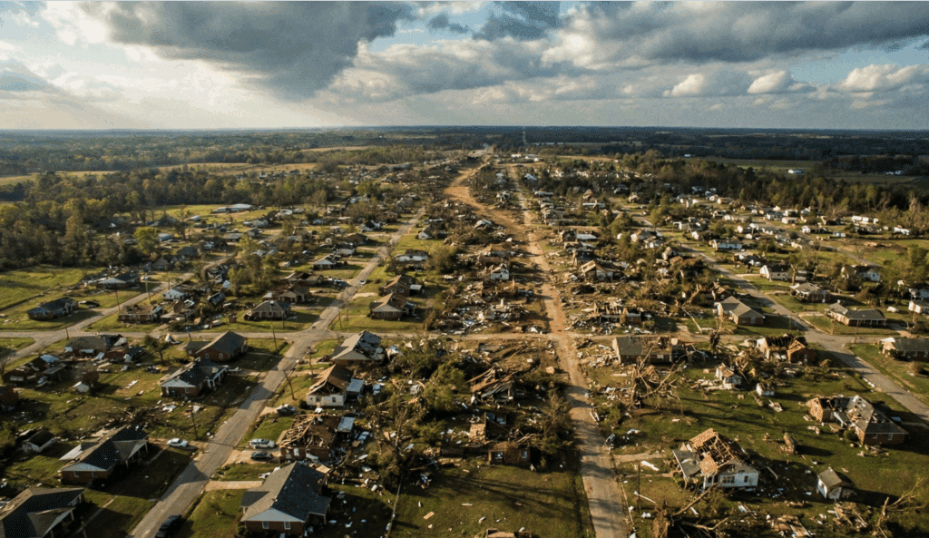 Aerial view of Alabama tornado damage path through residential neighborhood with debris field.