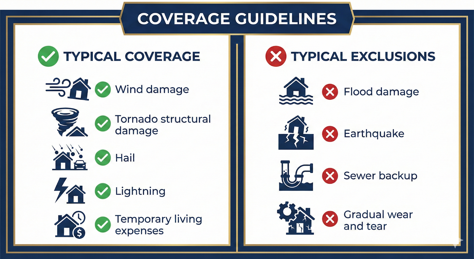 Alabama Disaster Claims: Your Legal Rights After Tornadoes, Floods, and Storms (Including When Insurance Denies Your Claim) 2 Infographic comparing covered versus excluded damages in Alabama homeowners insurance policies.