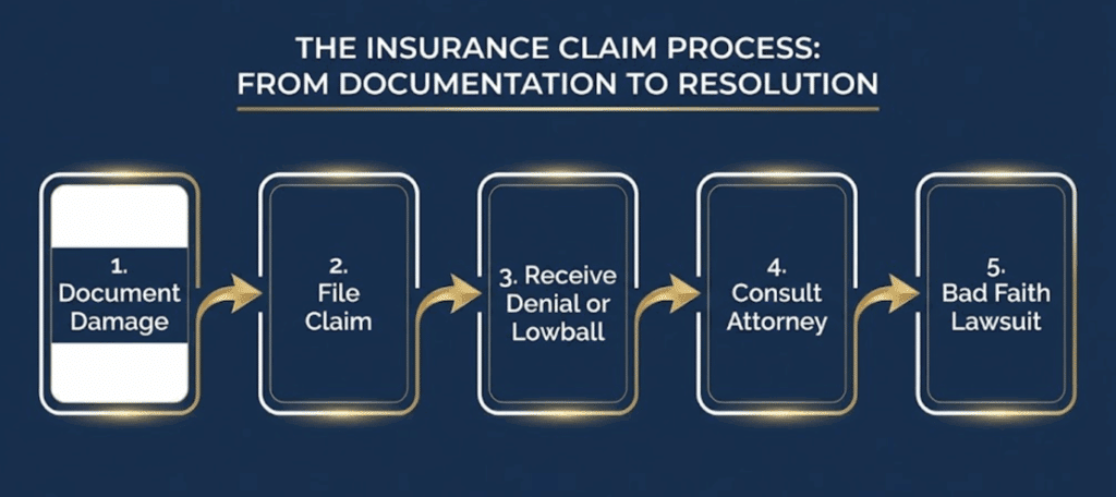 Flowchart showing five steps to file an Alabama bad faith insurance claim after storm damage.