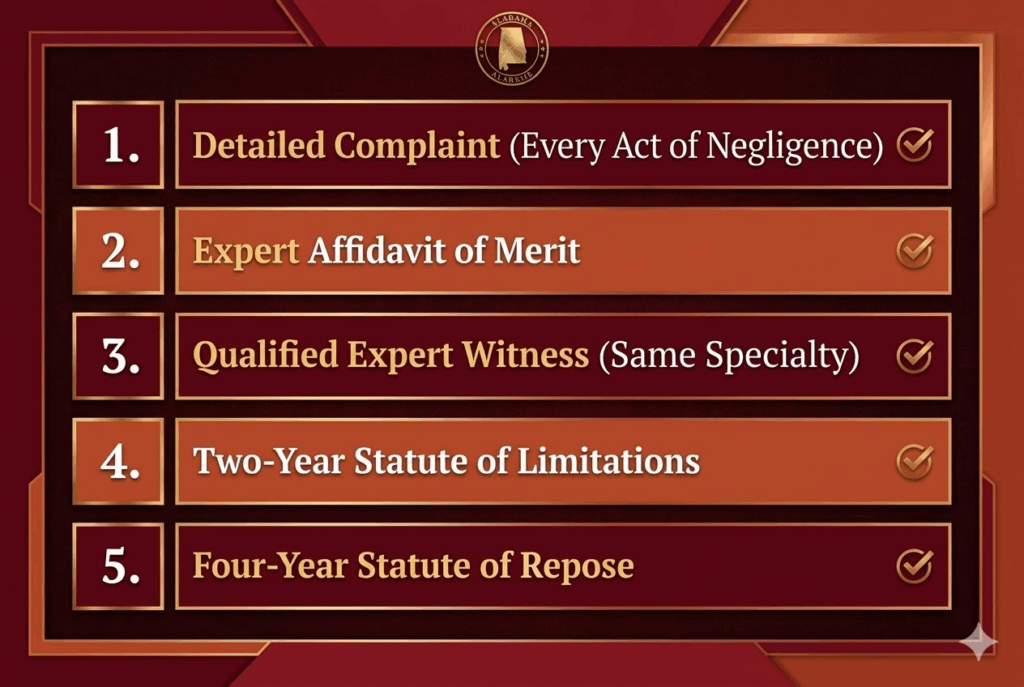 Alabama Medical Malpractice: Why the Alabama Medical Liability Act Makes These Cases the Hardest to Win (and Why No Damage Caps Means Big Recoveries) 1 Infographic checklist showing five AMLA requirements for filing medical malpractice in Alabama
