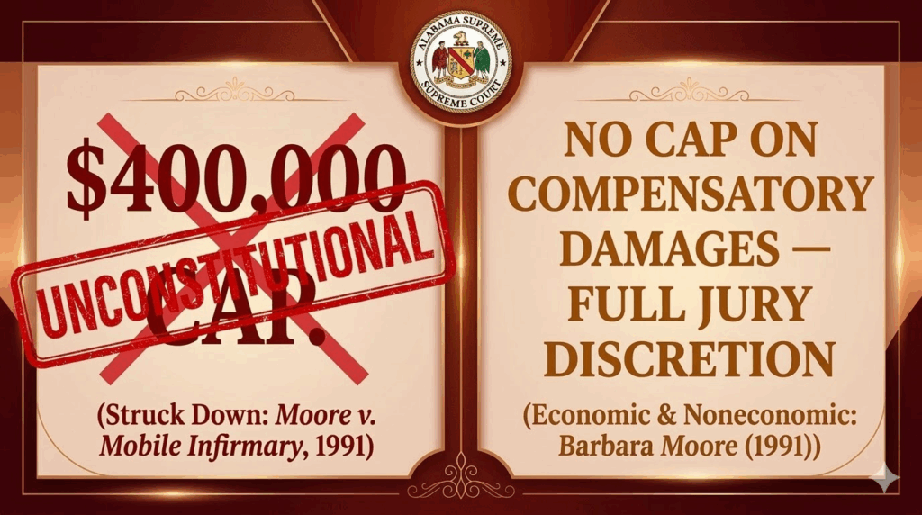 Alabama Medical Malpractice: Why the Alabama Medical Liability Act Makes These Cases the Hardest to Win (and Why No Damage Caps Means Big Recoveries) 2 Graphic showing Alabama medical malpractice damage cap struck down as unconstitutional by state Supreme Court.